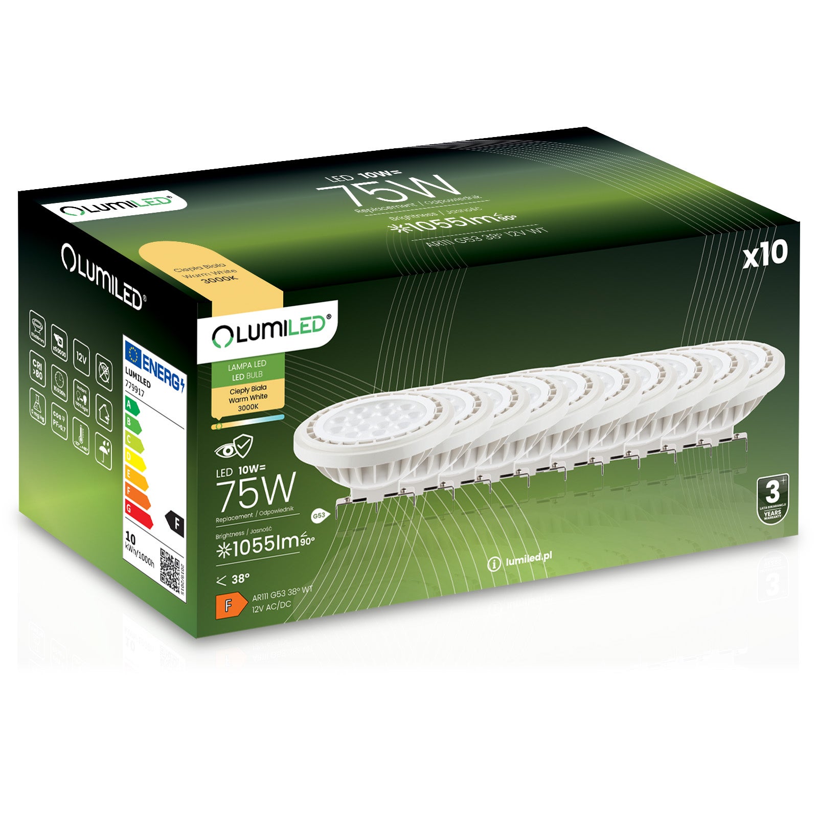 Żarówka LED Lumiled G53 Reflektor AR111 10W 1055lm 3000K Ciepła biel 38st 12V 10 szt.
