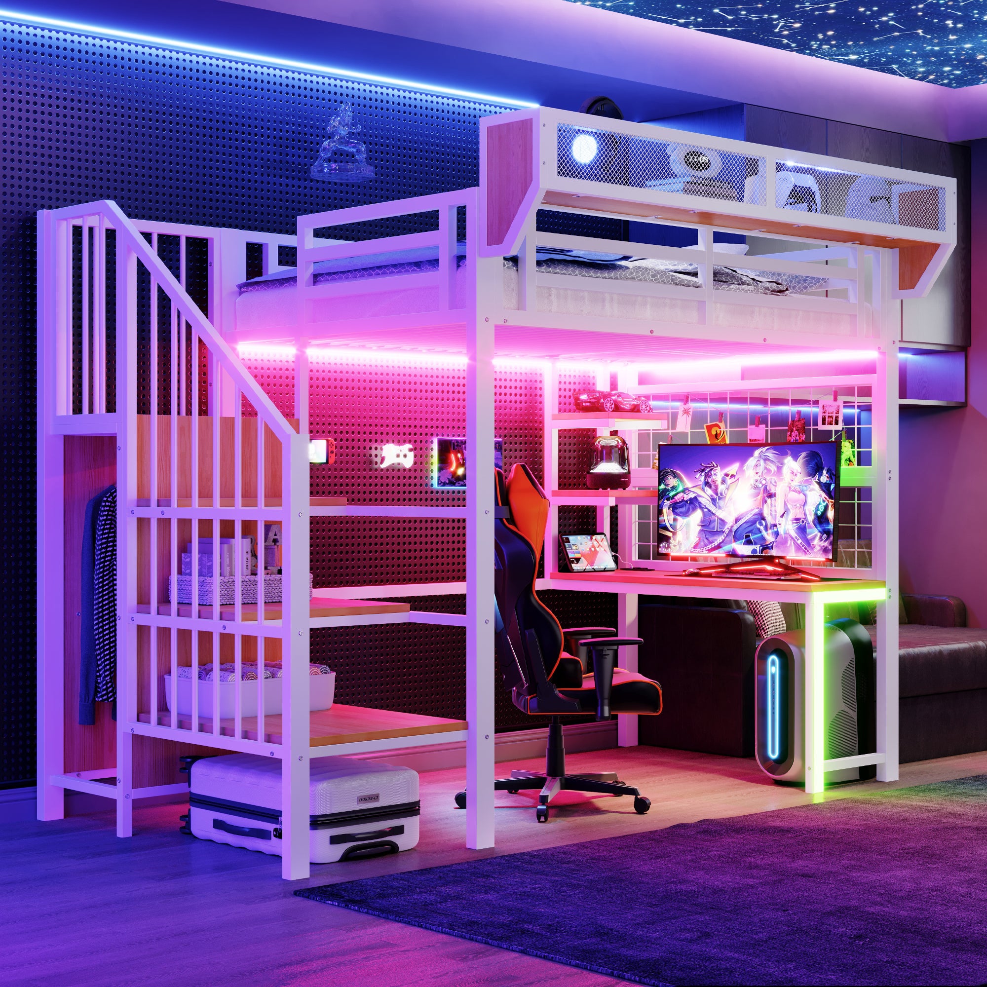 Łóżko piętrowe 90 x 200 cm z biurkiem, półkami, drabinką i oświetleniem LED - MDF i metal - białe (materac nie jest wliczony w cenę)