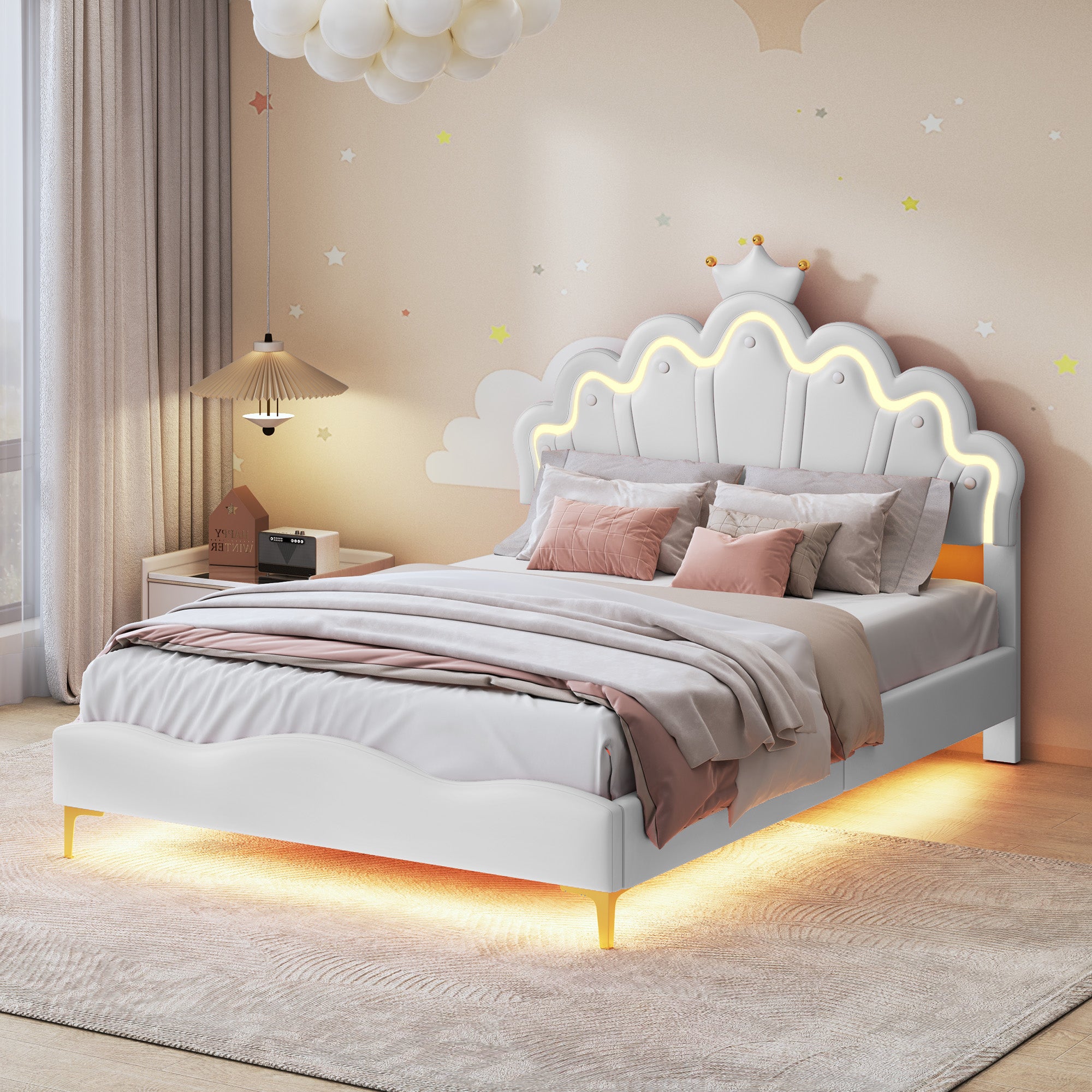 Lit Rembourré 140 x 200 cm,Lit enfant avec tête de LED réglable et ...