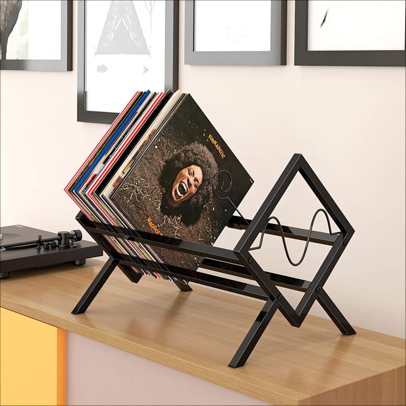 Supporto Per Dischi In Vinile In Metallo, Nero – Capacità 80-100 LP, Design Geometrico, Organizer Per CD, Riviste E Libri, Dimensioni 43.5x34x30.5 Cm - 5
