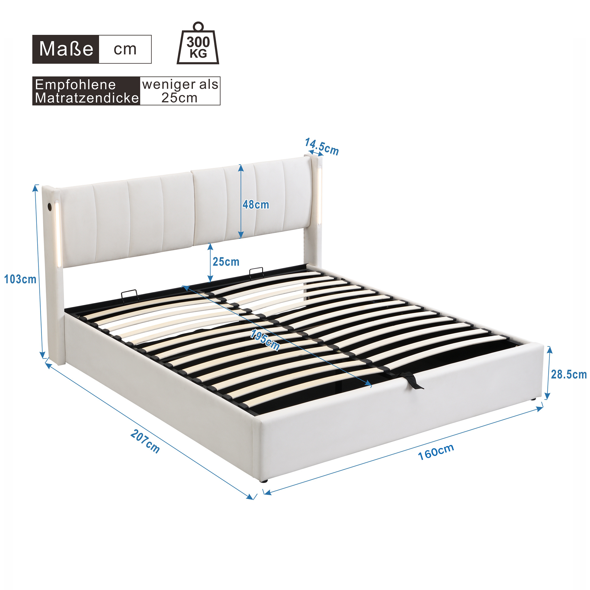 Cama contenedor tapizada en piel sintética - 160x200 cm - con puerto USB y LED - cabecero de ángulo ajustable - Blanco - 6