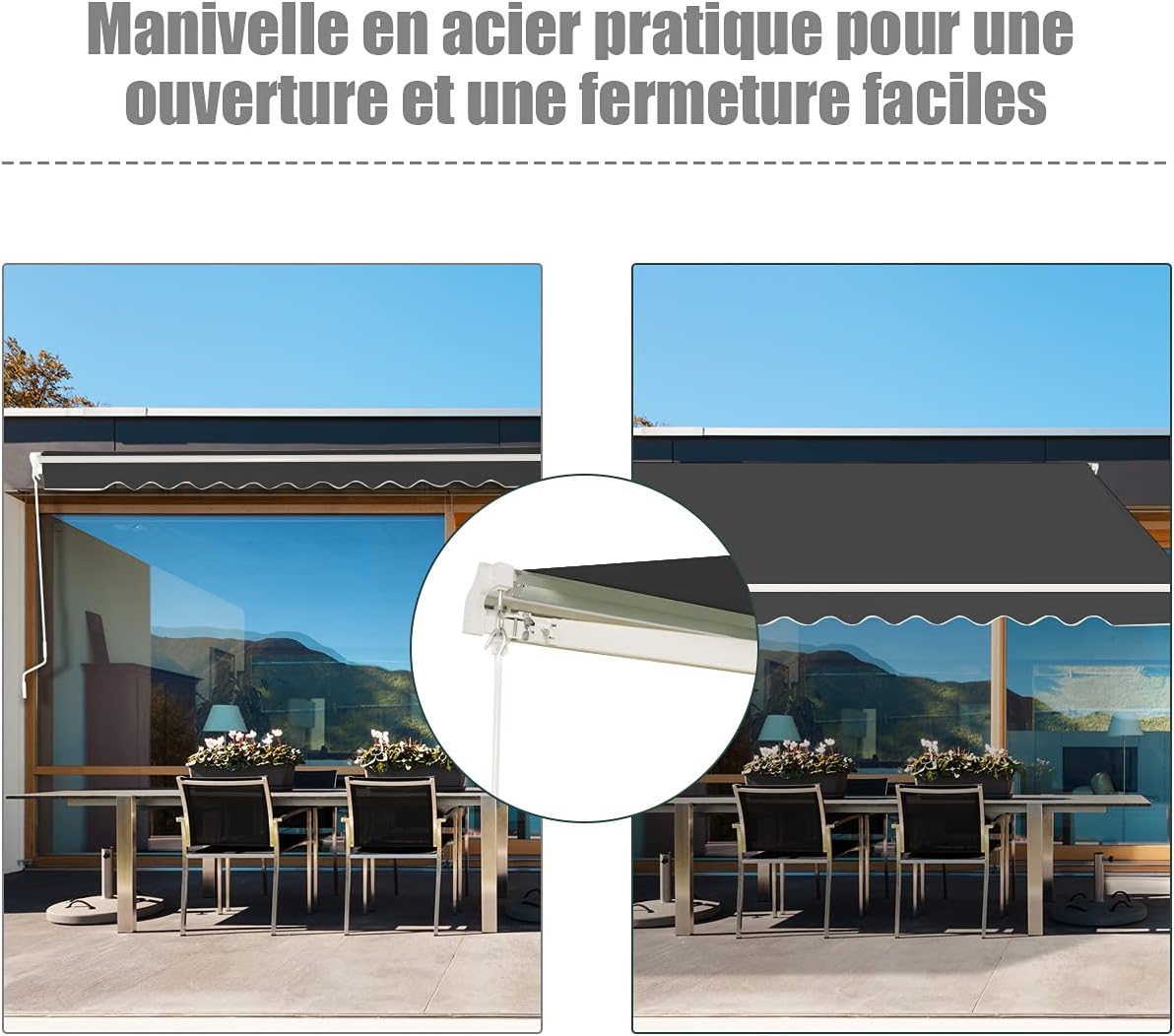 Store Banne Manuel 3,6Mx3M, Auvent de Terrasse Extérieur et Tissu Résistant aux UV avec Manivelle et Angle Réglable 5-35° pour Balcon, Terrasse, Gris - 6