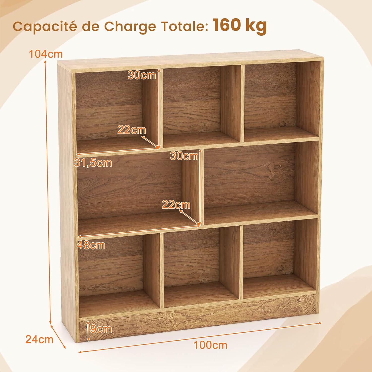 Étagère 8-Cube, Bibliothèque 3 Niveaux avec Compartiments Ouverts, 2 Kits Anti-basculement, Armoire Rangement pour Livres & Jouets, 100 x 24 x 104 cm - 3