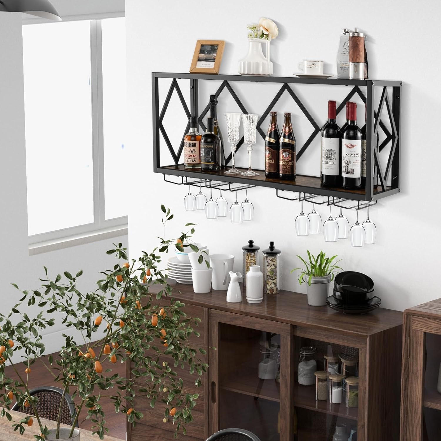 Soporte de Pared para Botellas de Vino, Estantería de Vino Industrial con Portabotellas para 39 Botellas y 12 Copas, Estante de Almacenamiento - 2