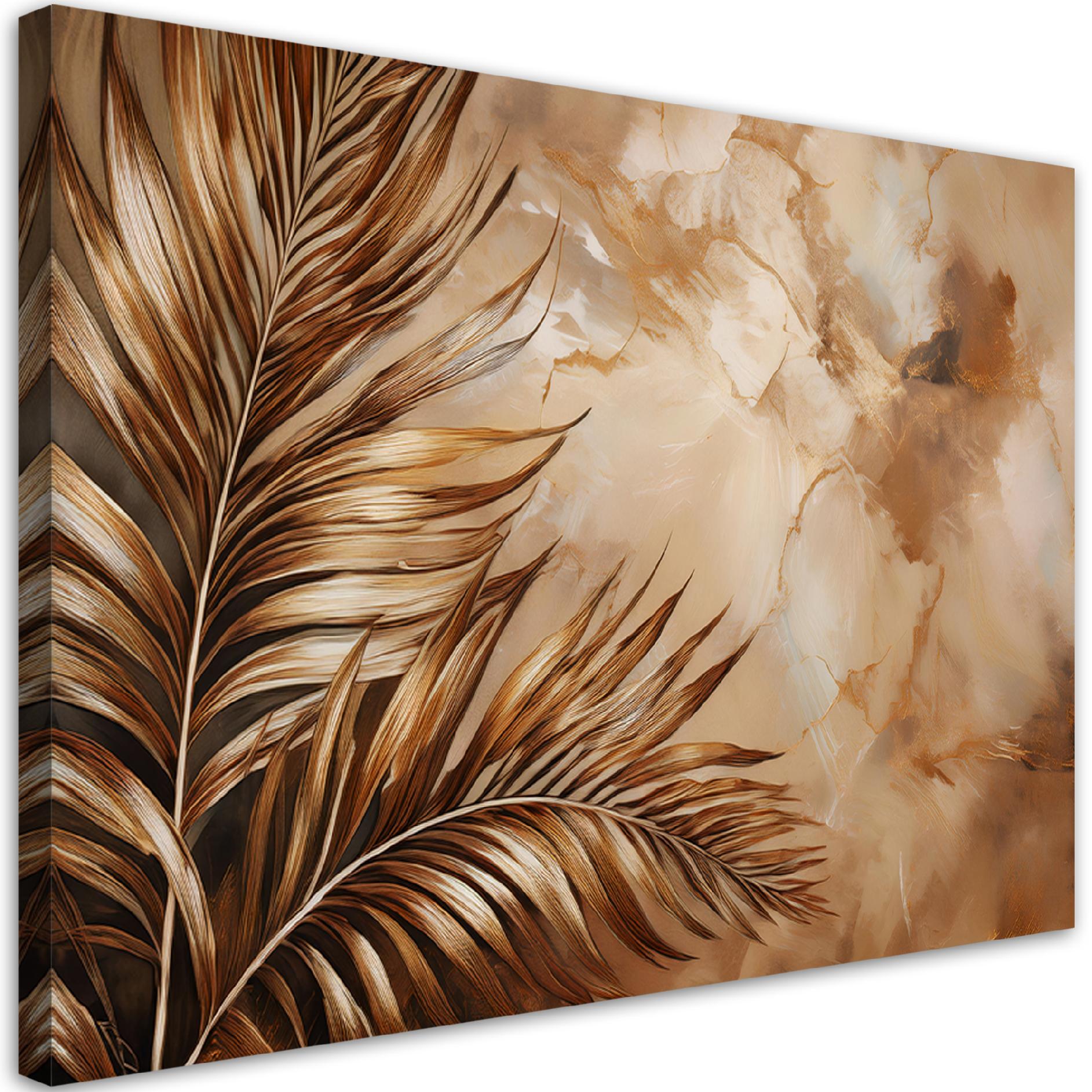 Obraz na płótnie, Glamour Liście Palmy Marmur Sepia 90x60
