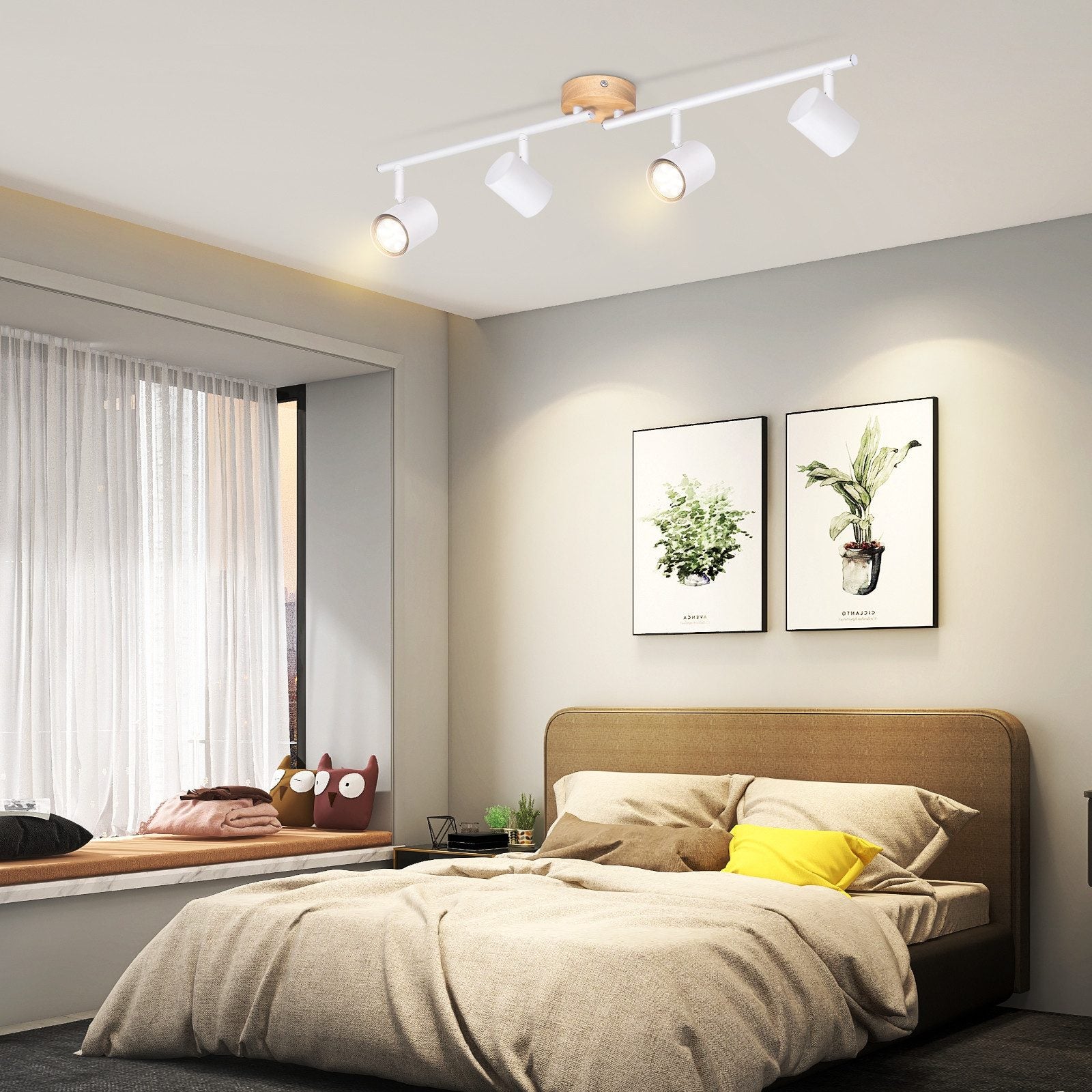 NETTLIFE Plafonnier LED 4 flamme - Blanc Plafonnier GU10 Spot pivotant Applique murale en bois Spot mural pour salon chambre Sans ampoule - 8