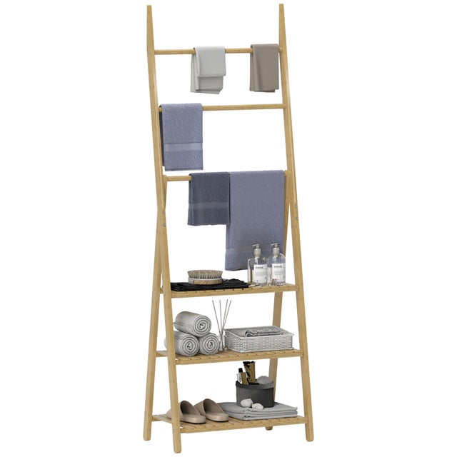 Étagère salle de bain bambou pliable 3 niveaux échelle porte-serviettes 53,5x30x153cm bois naturel