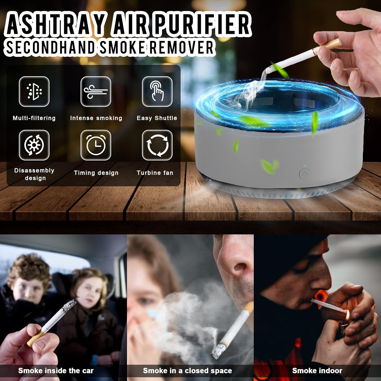 Cendrier Aspirateur de Fumée, 2 En 1 Cendrier Électronique Intelligent Purificateur d'air, Anti Odeur avec Filtre pour Voiture et Maison - 4