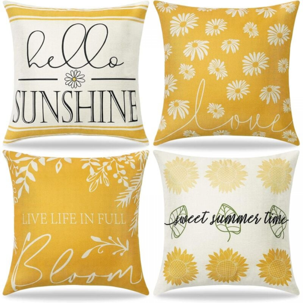Set Di 4 Federe Per Cuscini 40x40 Cm Con Girasoli, In Cotone E Lino, Decorazione Per Divano E Soggiorno