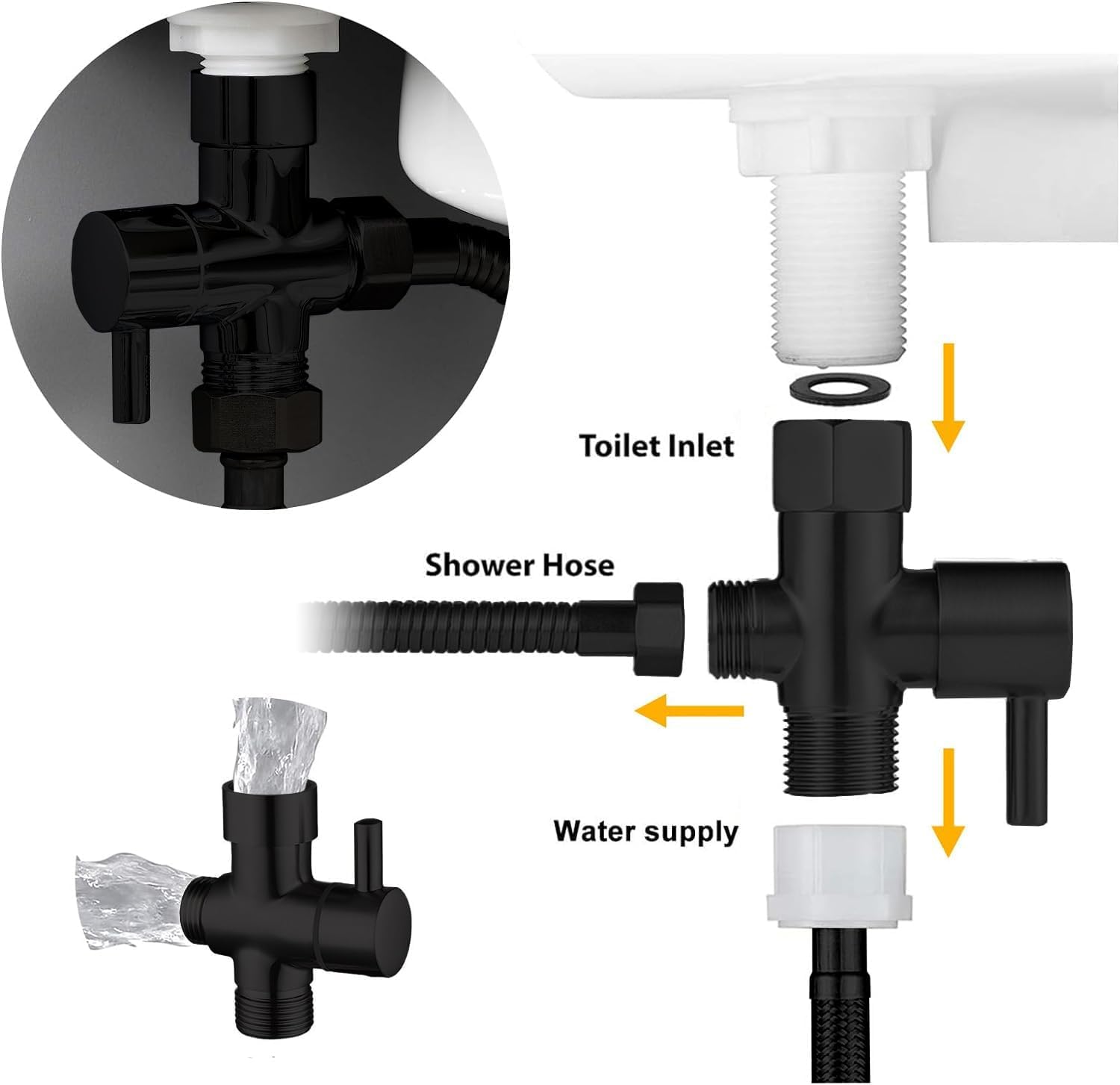 Ne de coupure de la colonne de douche vanne d'arrêt 1/2 valve de pommeau de douche un t douchette pour wc (Noir) - 3