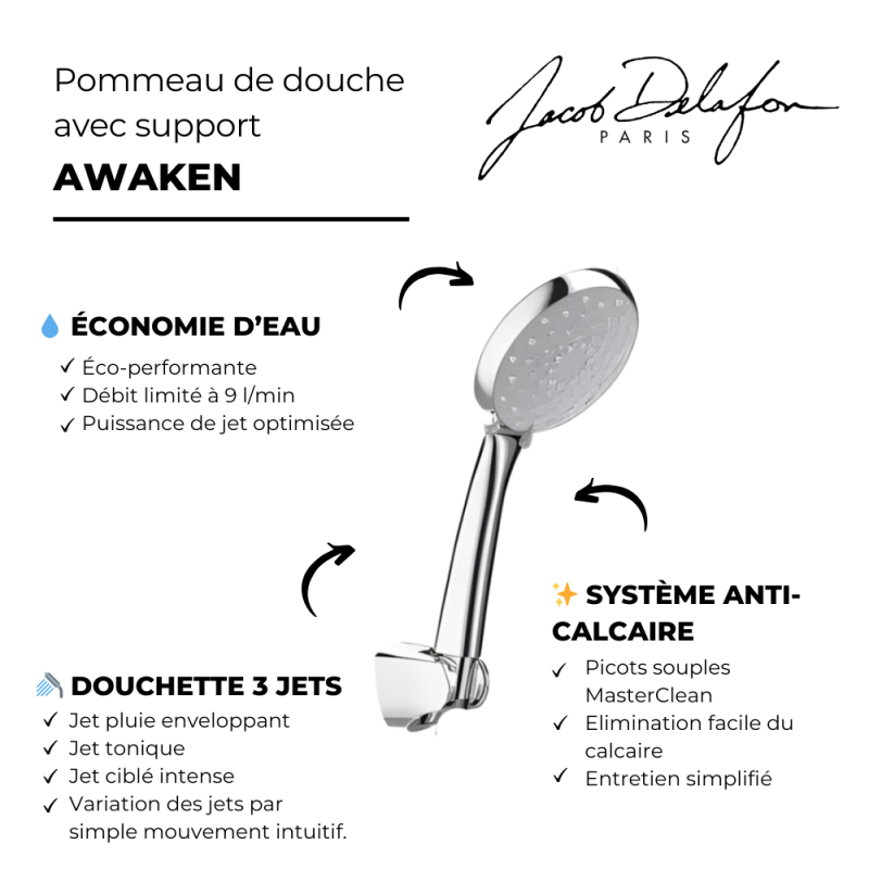 Douchette 3 jets JACOB DELAFON Awaken organic avec support - 3