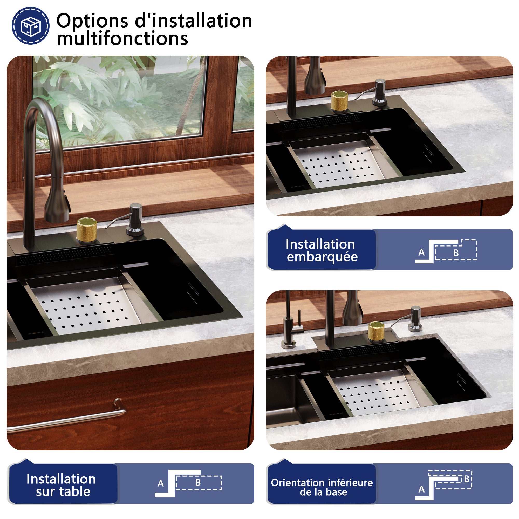 Évier de Cuisine Multifonction DeerValley Cascade en Acier Inoxydable 304 - 75 x 46 cm - Robinet Tirable 3 en 1 - 2