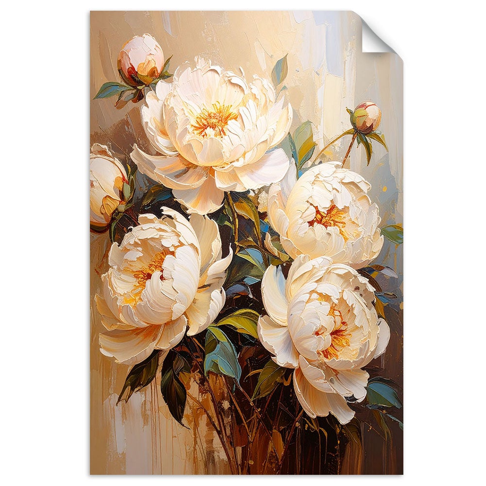 Naklejka na ścianę do salonu sypialni, Piwonie Kremowe Kwiaty Bukiet 90x130