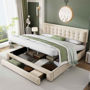 Lit Double 160x200 Avec Sommier, 4 Tiroirs Et Tête Capitonnée LED - Beige Lin, Confort Et Rangement