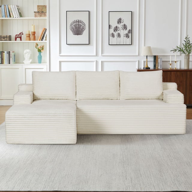 Canapé Sectionnel Modulable Côté droit Forme L Blanc, Assise Profonde, Canapé d'Angle Velours côtelé 238x152x66 cm, Peut se transformer en Canapé-lit