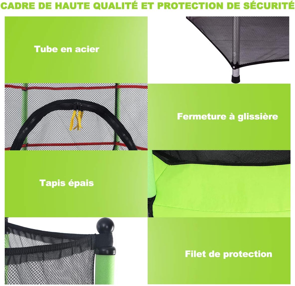 Trampolino Elastico Bambino in Acciaio, Tappeto Elastico Bambini da Esterno e da Interno, con Rete e Cusicnetti Antiscivolo (Verde, 165 x 165 - 4