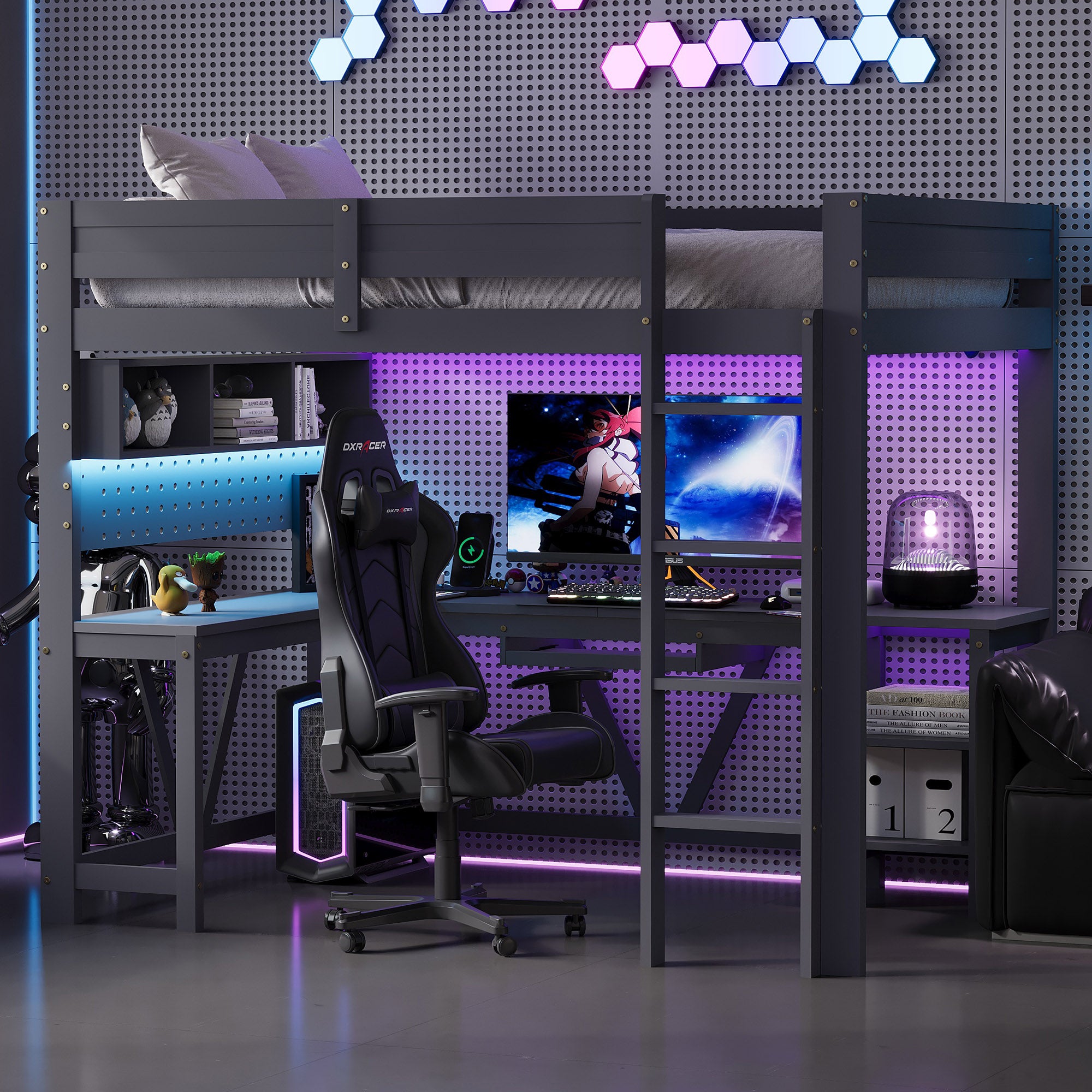 Łóżko piętrowe gamingowe 90 x 200 cm z biurkiem narożnym i 3 przegrodami - MDF + sosna - diody LED i gniazdka - szare (materac nie jest dołączony)