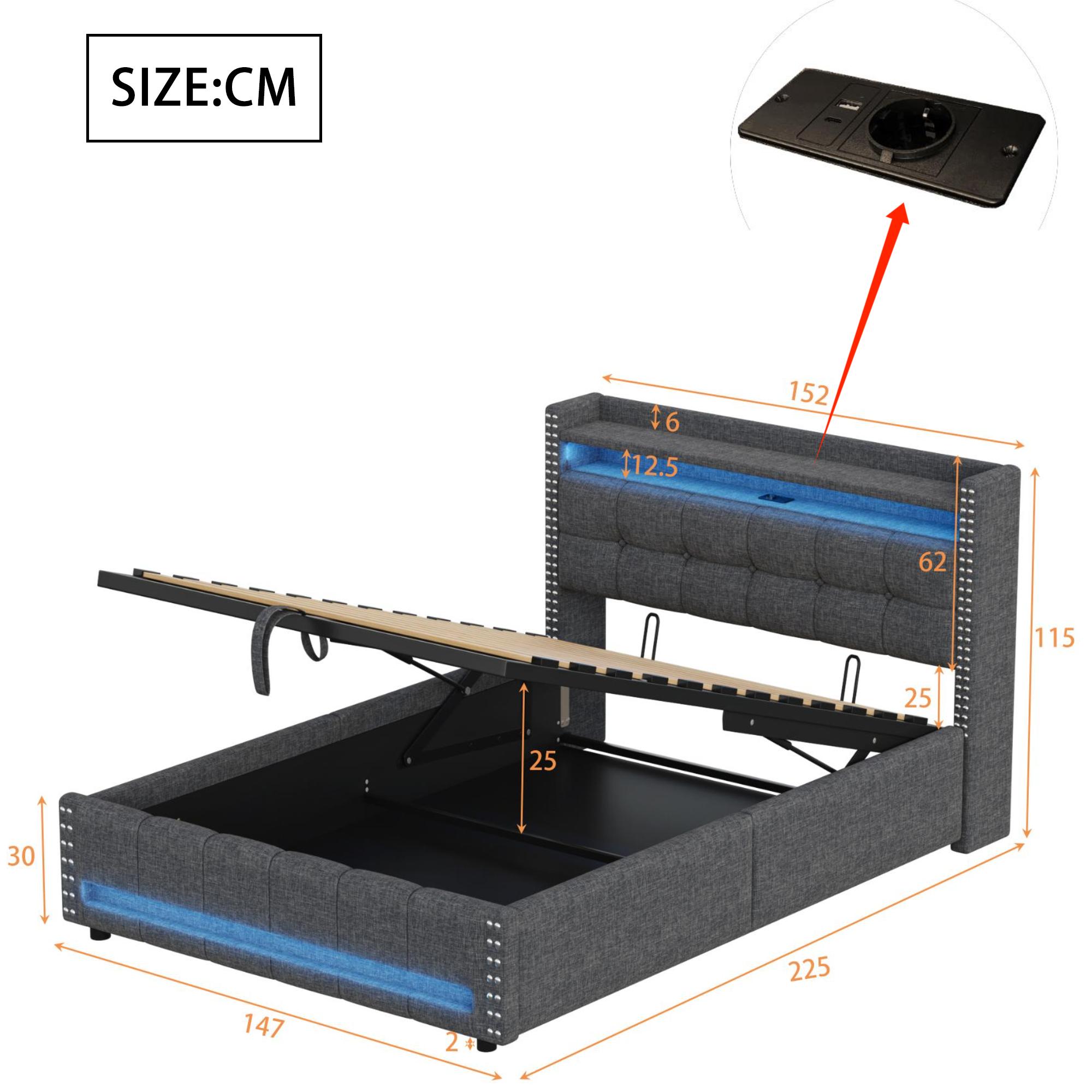 Cama con almacenaje de lino 140x200 cm - con LED y toma USB - con somier - Gris - 5