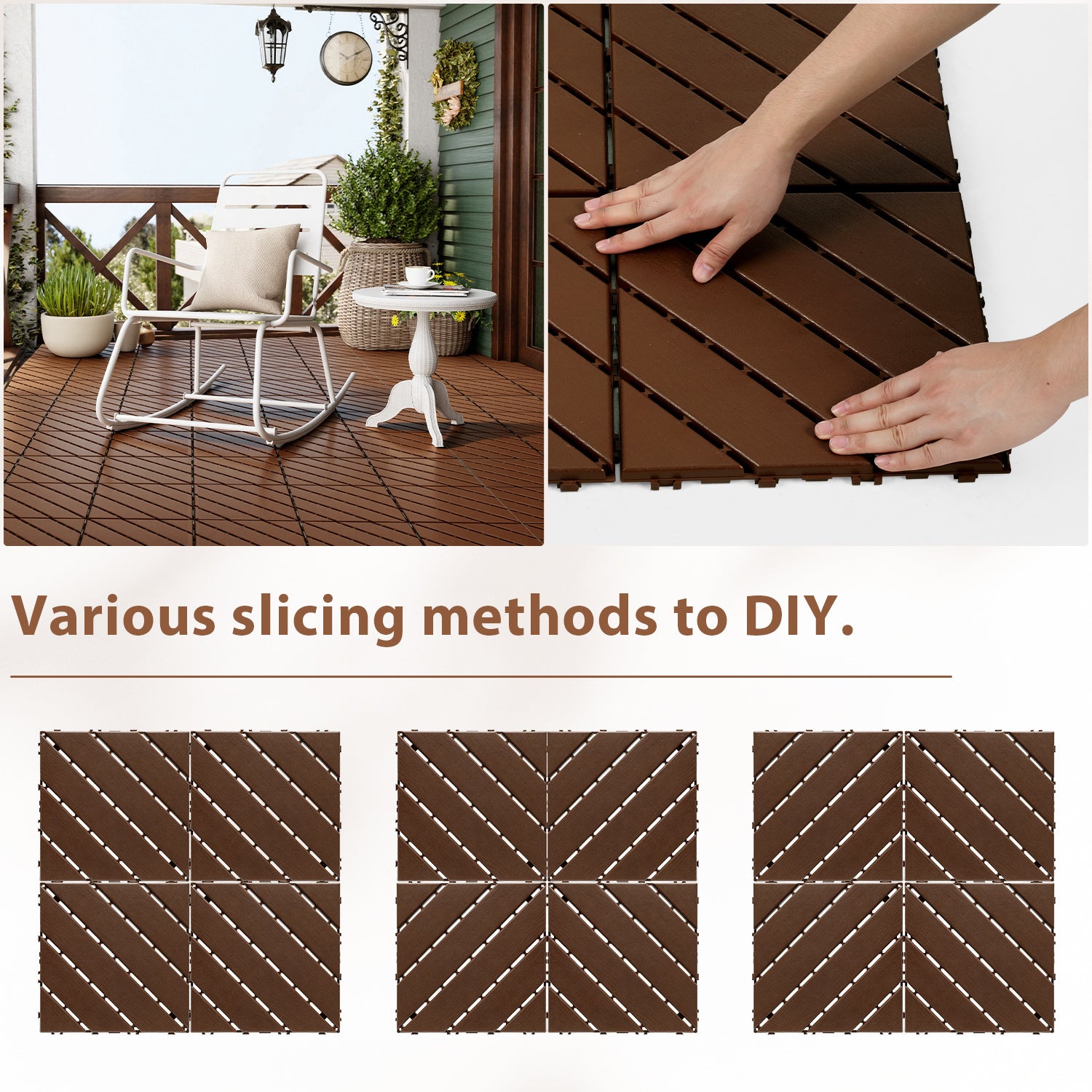 66 pcs（6㎡） Pavés de terrasse en plastique – Pose rapide, auto-drainants, usage extérieur Marron - 7