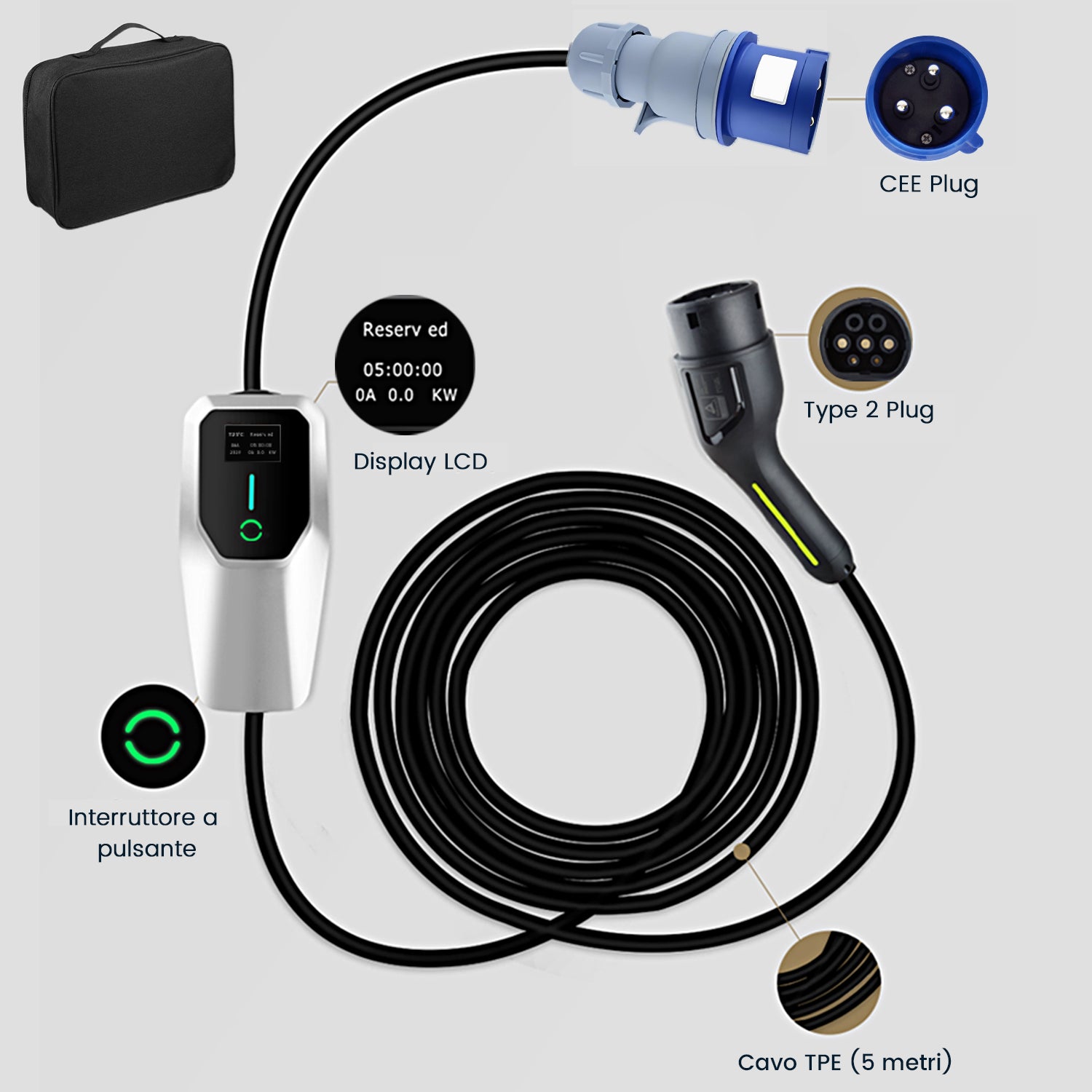 Carregador portátil JUNSUN 7kW – 32A monofásico, cabo 5m Tipo 2, IP67, ecrã LCD, corrente ajustável 6-32A, carregamento programável - 9