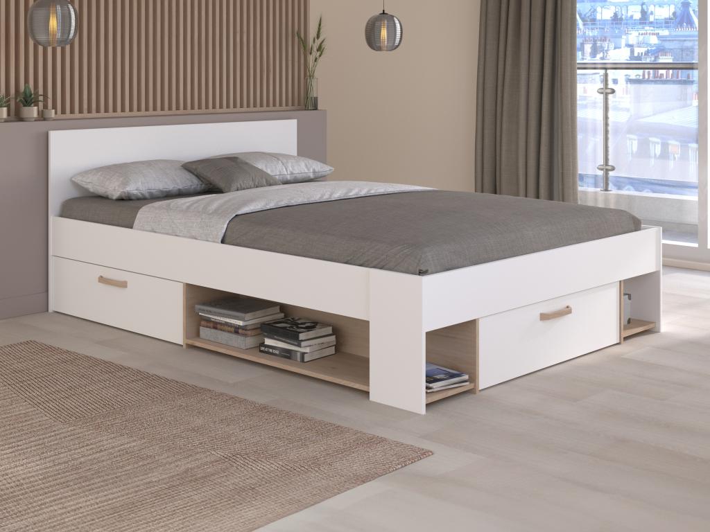 Lit 140 X 190 200 Cm Avec Rangements Blanc Et Naturel KINSELIA Lit 140 X 190 200 Cm Avec Rangements Blanc Et Naturel KINSELIA