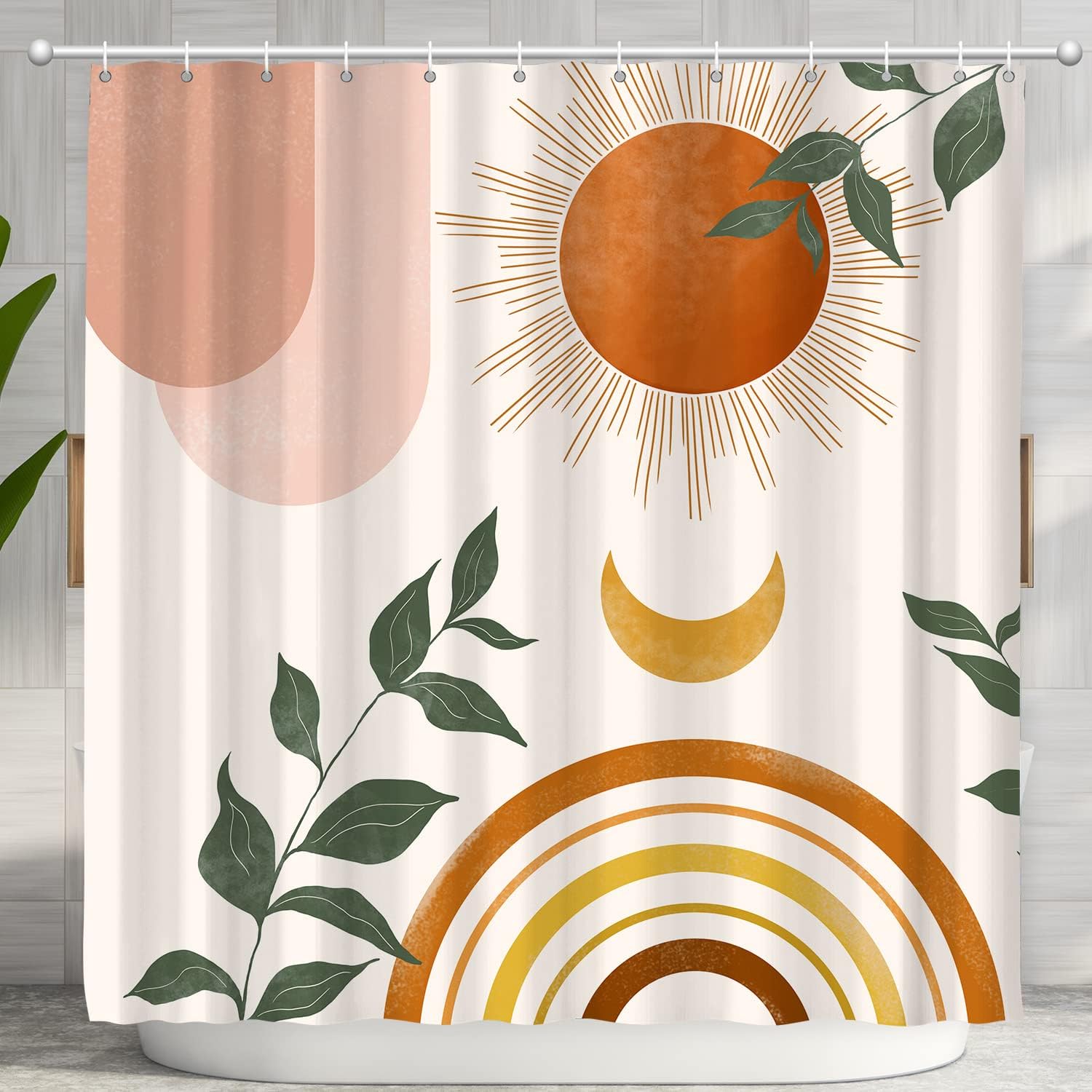 Rideau de Douche esthétique bohème Orange du Milieu du Siècle, Motif Feuilles et Soleil, dekoracja Moderne Minimaliste, 180 x 200 cm