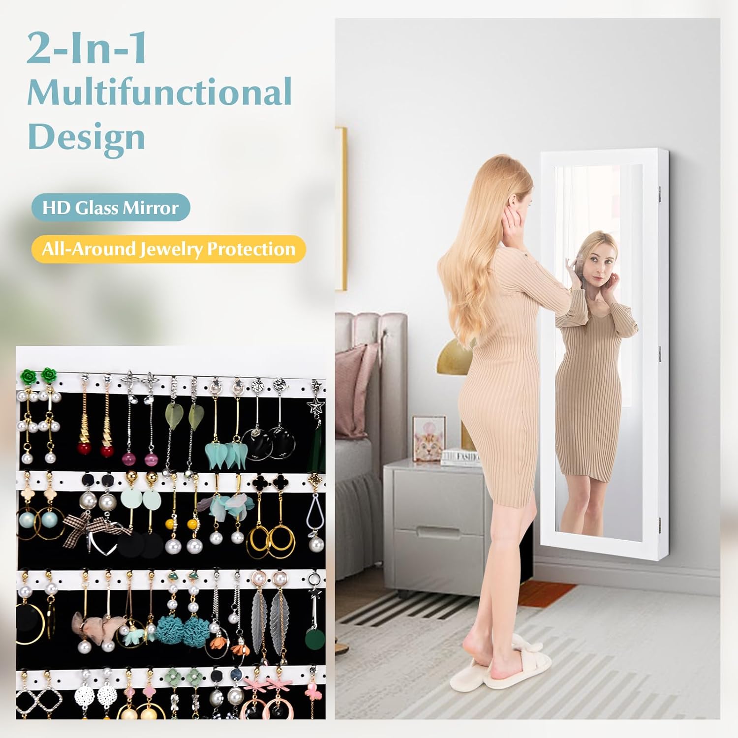 Armoire à Bijoux avec Miroir, Meuble à Bijoux Mural/Suspendu, avec Grand Espace de Rangement et Miroir Pleine Longueur, Blanc - 3