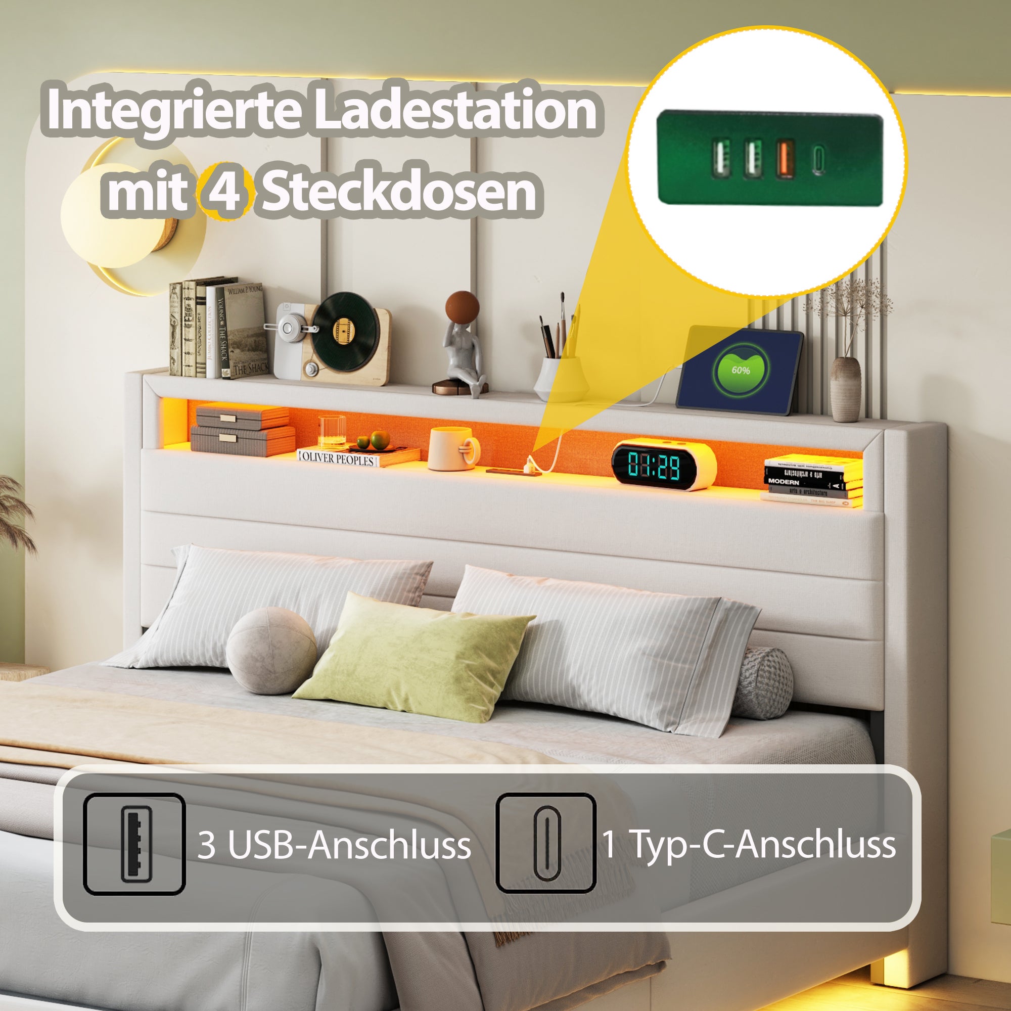 Lit coffre 160 x 200 cm avec tête de lit coffre et compartiments - LEDs et prise USB - Tissu en lin - Beige - 5