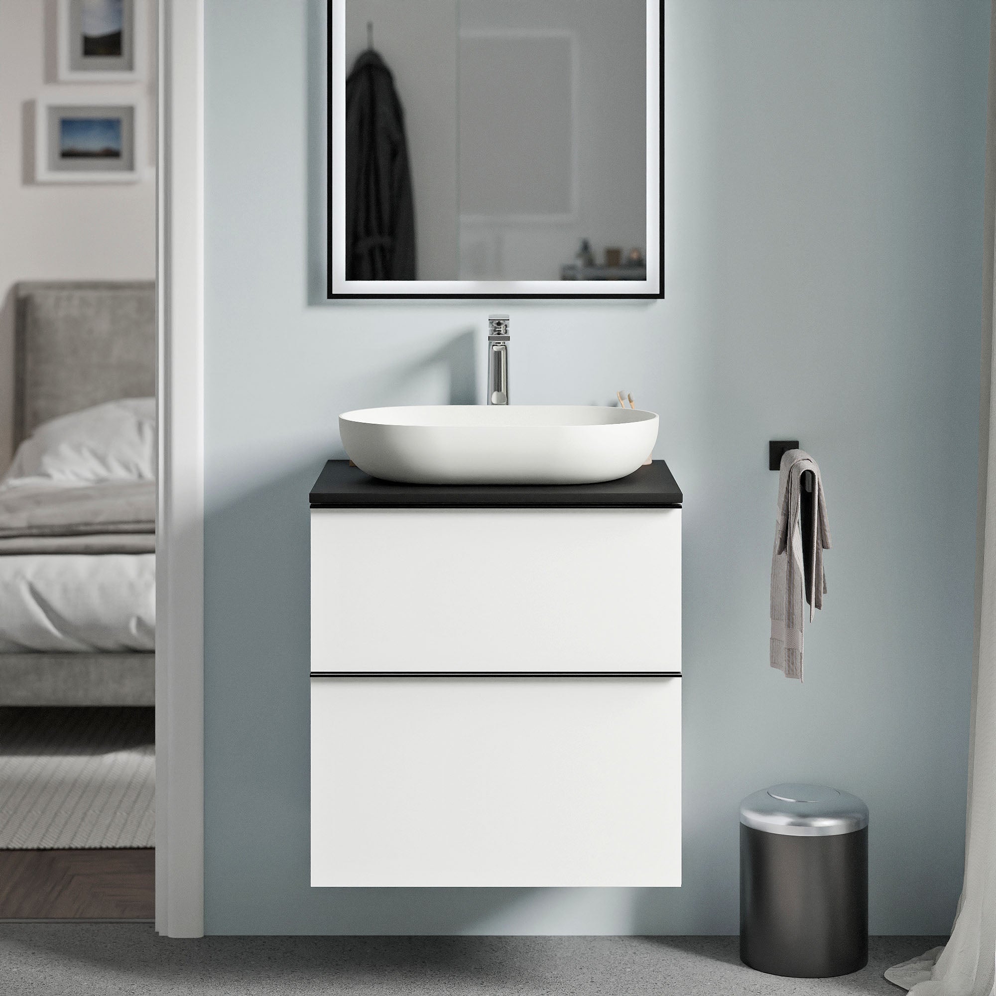 Bernstein - mueble lavabo suspendido mdf blanco mate, encimera de lavabo negro mate, tirador antracita mate 60x46x62cm - lavoa
