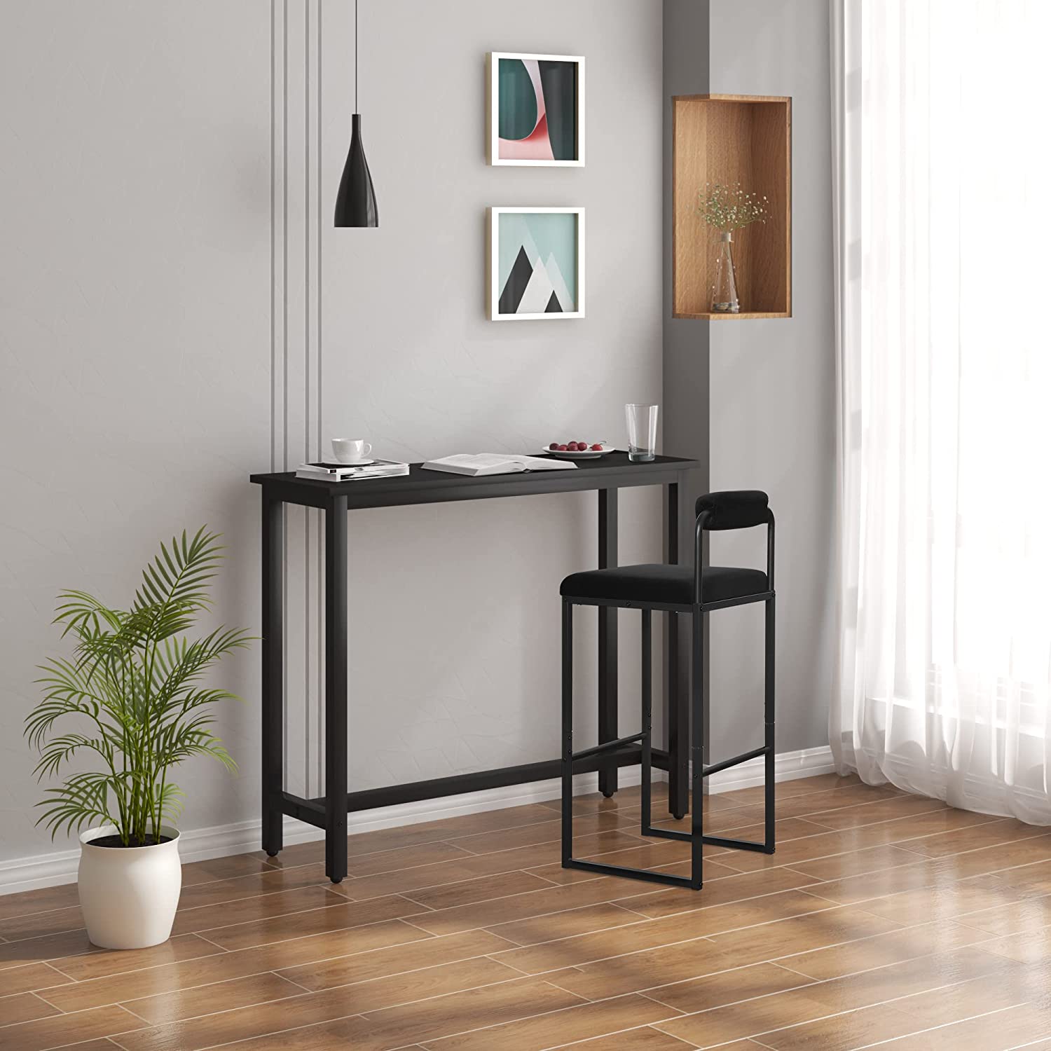 Lot de 2 Tabourets de Bar en Velours et Métal WOLTU, Chaise Haute Bar, Design Moderne, Hauteur du Siège 75cm, Noir - 3