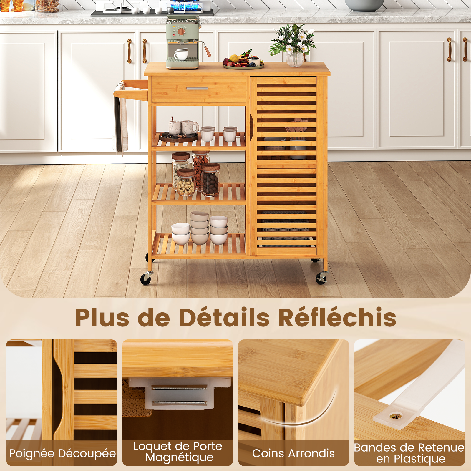 Desserte de Cuisine Roulant en Bambou avec Tiroir, 3 Étagères Ouvertes, 1 Armoire à Porte, Porte-serviettes, Roulettes Verrouillables, 91 x 44 x 89 cm - 7