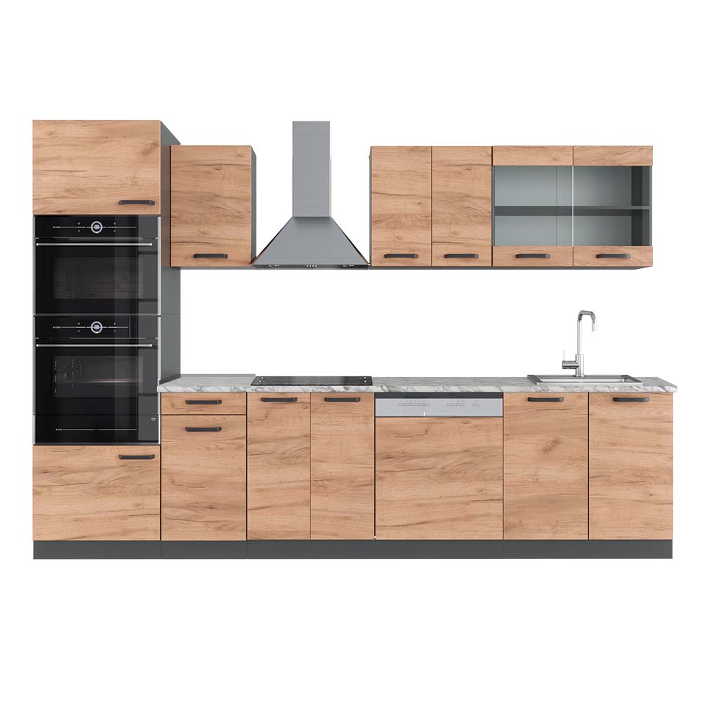 Vicco Aneks kuchenny R-Line, Złoty dąb power/antracyt, 300 cm z wysoką szafką, BP Marmur