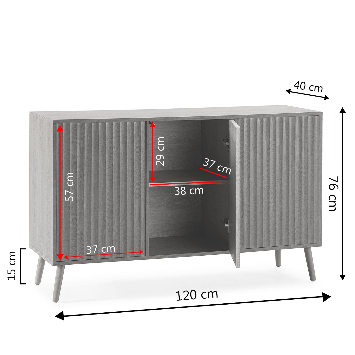 Buffet Lluvia 3 portes en chêne, largeur 120 cm - 5