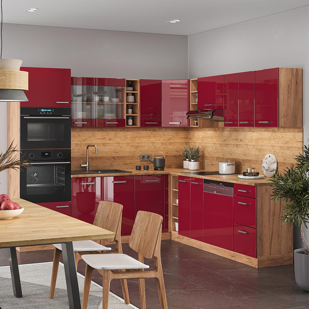 Vicco Cuisine en angle R-Line, Rouge brillant/Chêne de force doré, 247 x 237 cm sans PT - 5
