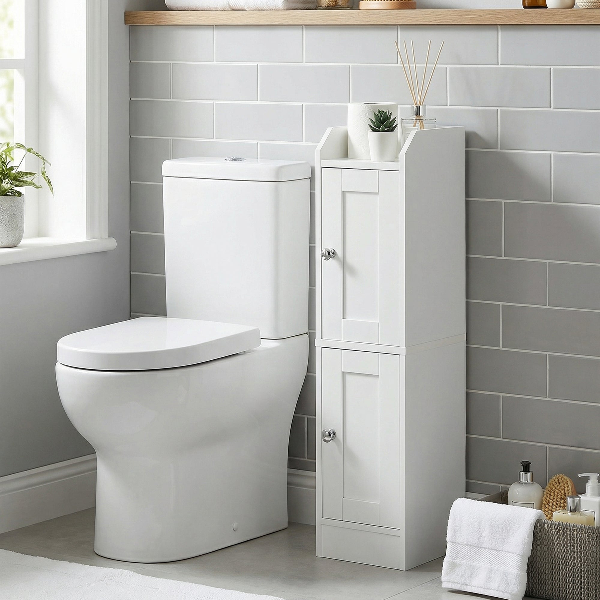 Meuble de salle de Bain Fin, Colonne de Rangement, avec Portes Réversibles, Style Maison de Campagne, Blanc - 3
