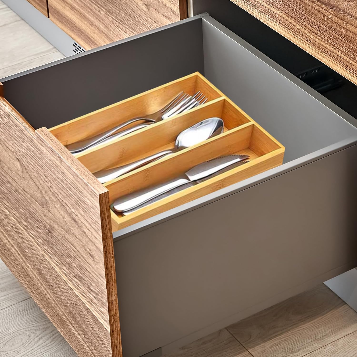 Range-couverts en bambou, porte-couverts en bambou avec 3 compartiments, tiroir de cuisine, range-couverts en bambou, range-couverts en bambou - 5