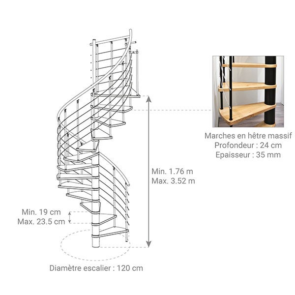 Escalier colimaçon 13 marches - Diamètre 120cm - Hauteur à franchir 2.54 à 3.05m - Noir et Noyer - VENE120-SNMNOY-13 - 2