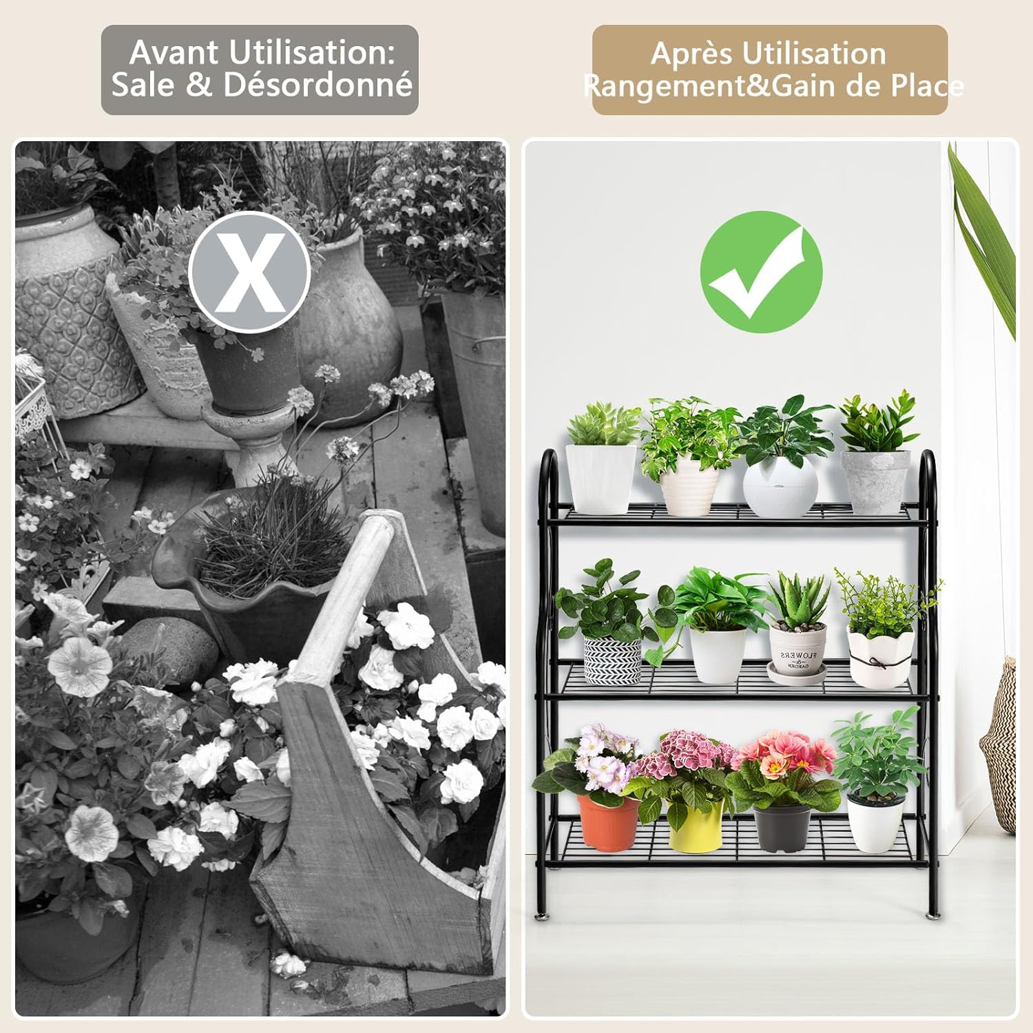 3 Niveaux Support pour Plantes en Métal, Étagère en Fer Imperméable pour Utilisation Intérieure et Extérieure, Noir - 5