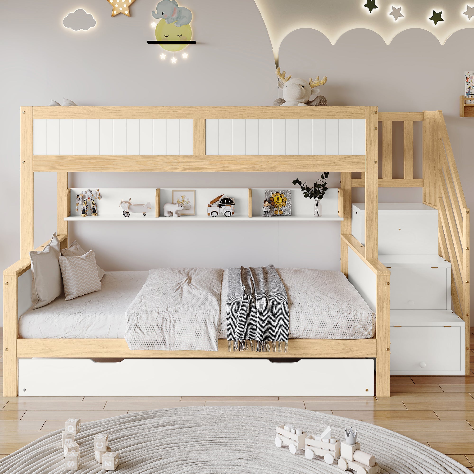 Letto A Castello 90x200 E 120x200 Cm Con Scivolo E 2 Cassetti – In Legno Di Pino, Con Sponde Di Protezione E Scala, Per Cameretta