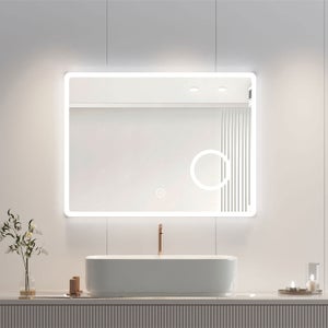 Miroir LED Salle De Bain 80x60 Cm - Avec Anti-buée, Horloge, Bluetooth Et 3 Couleurs De Lumière