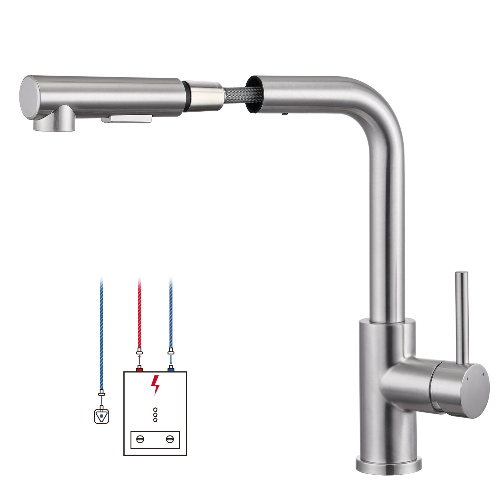 LOVHAUS Bateria Kuchenna Niskociśnieniowa, Bateria Kuchenna Wyciągana z 2 Trybami Natrysku, Bateria Niskociśnieniowa Obrotowa o 360°