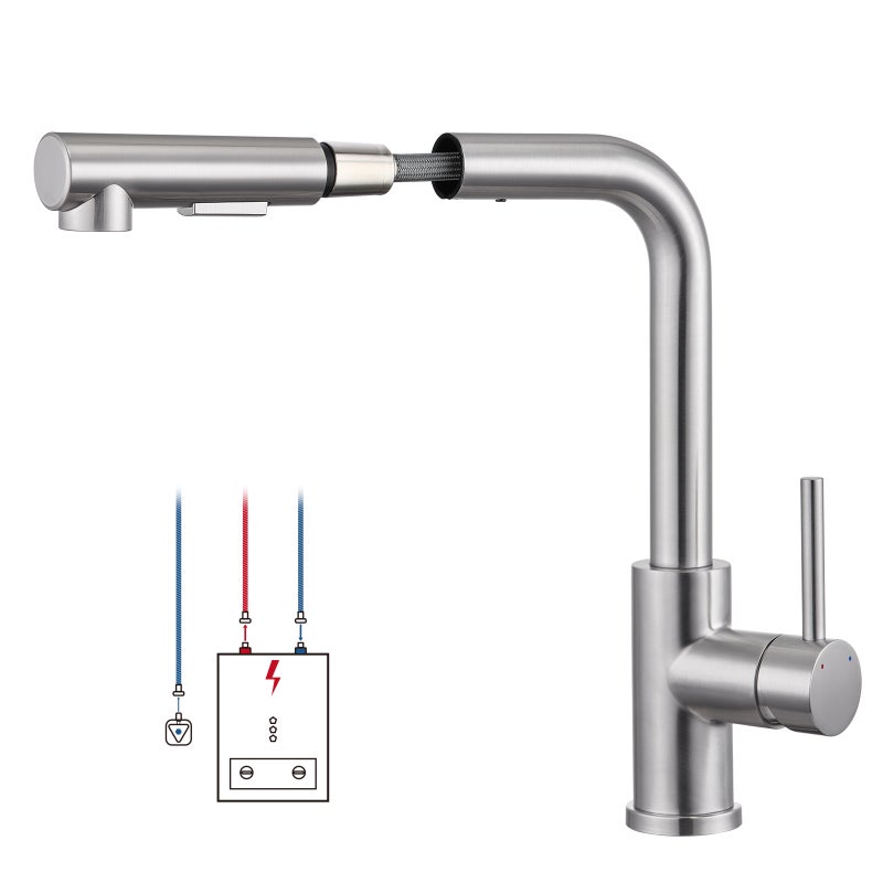 LOVHAUS Bateria Kuchenna Niskociśnieniowa, Bateria Kuchenna Wyciągana z 2 Trybami Natrysku, Bateria Niskociśnieniowa Obrotowa o 360°