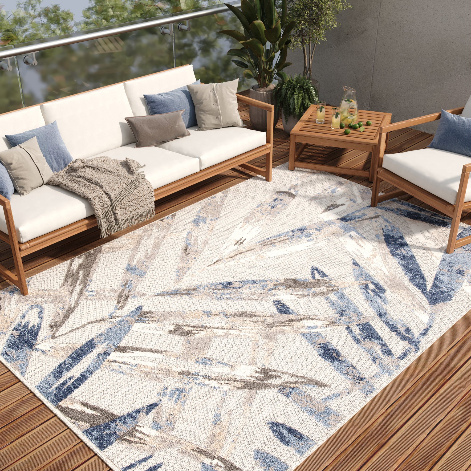 Tapiso patio alfombra exterior interior habitación cocina terazza balcón efecto 3d azul beige crema gris hojas pelo corto 140 x 200 cm