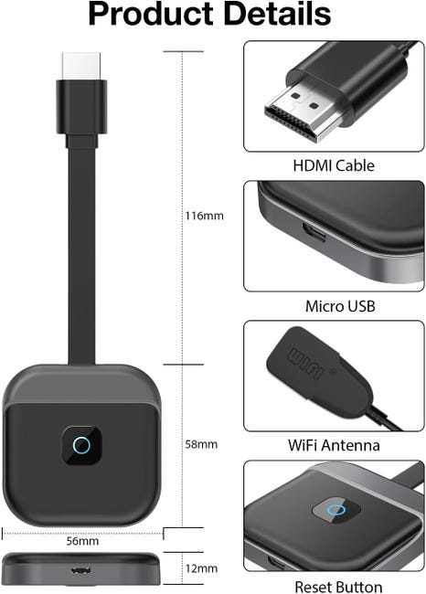 Adaptateur Dongle HDMI Sans Fil 1080P@60Hz 5GHz - AirPlay Miracast Plug & Play Pour TV, Smartphone, PC