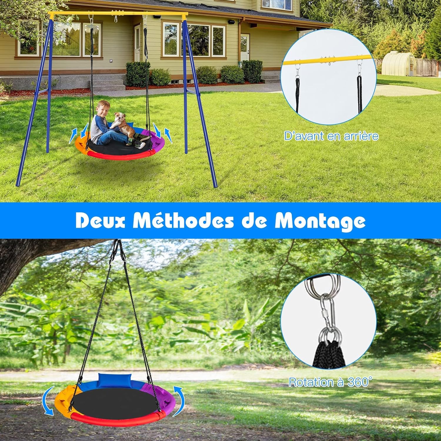 Balancoire Nid d’Oiseau Rond, Balancoire de Jardin en Tissu Oxford et PP, Ø100CM,Charge Maximale 150KG, pour Enfant/Adulte(Multicolore(avec Coussin)) - 6