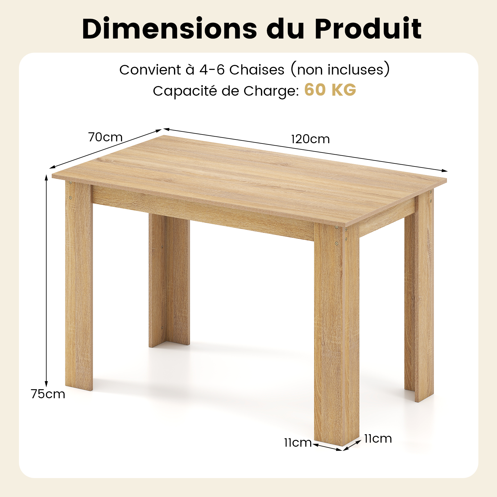 Dywan do jadalni 120 x 70 x 75 cm dla 4 do 6 osób, prostokątny stół o nośności 60 kg do kuchni, jadalni, naturalny - 5