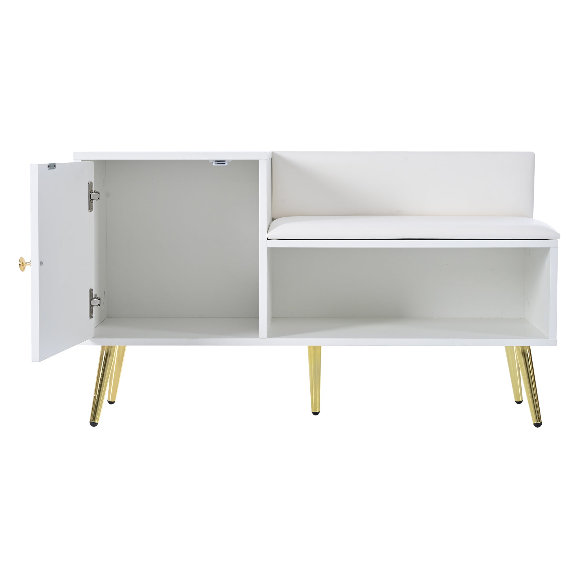 Commode à chaussures moderne luxueuse blanche, siège rembourré avec dossier, poignées/pieds métalliques, idéal entrée, dims: L100×P40×H58 cm - 8