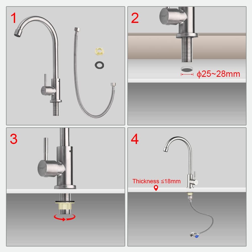 Robinet de cuisine, eau froide uniquement, robinet d'évier de cuisine à levier unique, pivotant à 360 °, économie d'eau en acier inoxydable - 5
