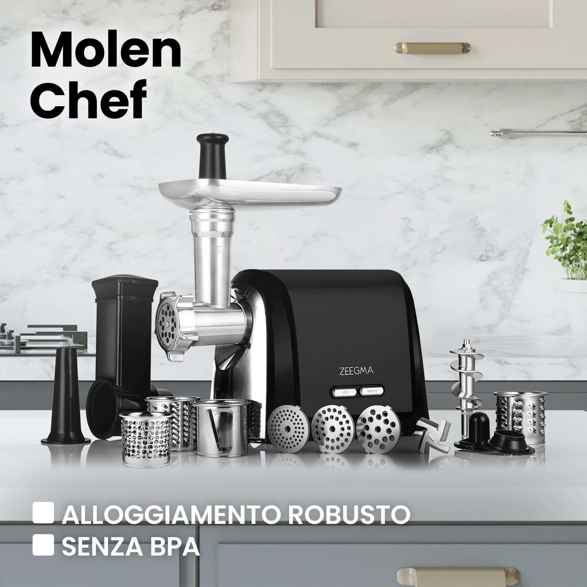 ZEEGMA Molen Chef Tritacarne Elettrico per carne, formaggi e tagliaverdure Potenza di picco 1900W, 4 Piastre di molatura in acciaio inox, Macchina per - 5