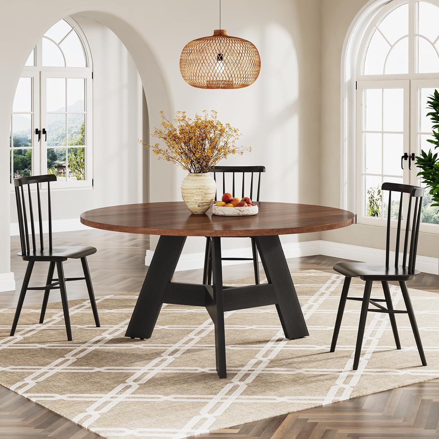 Table à Manger Ronde 120 Cm Style Rustique - Bois Et Métal Noir/marron, Pour 4 à 6 Personnes, Pieds Réglables